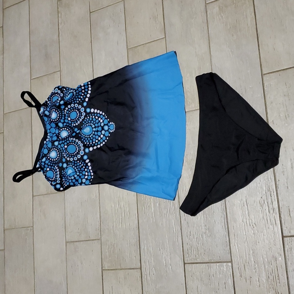 Denater 2XL Swim Dress with Brief featuring Blue and White Polka-Dots on Black